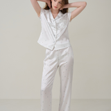 Silk Striped Flower Short Sleeve Long Pyjama Set