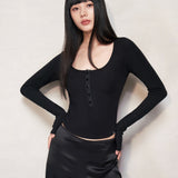 Black Silk Blend Knit Long Sleeve Top