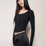 Black Silk Blend Knit Long Sleeve Top