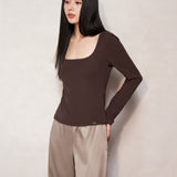 Chocolate Brown Silk Blend Long Sleeve Top
