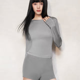 Grey Silk Fitted Long Sleeve Top