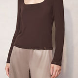 Chocolate Brown Silk Blend Long Sleeve Top