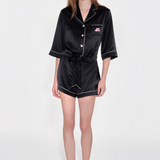 Black Front Tie Silk Pyjama Set