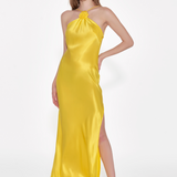 Lemon Yellow Silk Halter Neck Dress
