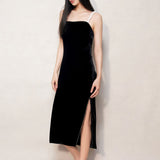 Black Velvet Midi Silk Slip Dress