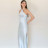 Silk Sky Blue Rose Maxi Dress