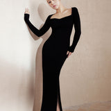 Crystal Black Long Sleeve Silk Velvet Maxi Dress