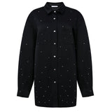 Black Crystal Embellished Oversized Silk Shirt Dress