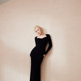 Crystal Black Long Sleeve Silk Velvet Maxi Dress