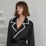 Black Tweed Detail Tie Waist Silk Robe