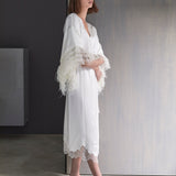White Feather Silk Kimono Robe