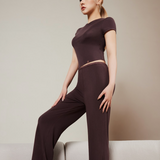 Chocolate Brown Silk Blend Flared Trousers