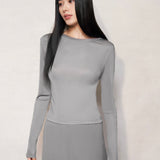 Grey Silk Fitted Long Sleeve Top