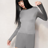 Grey Silk Fitted Long Sleeve Top