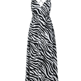 Zebra Print Open Back Silk Maxi Dress