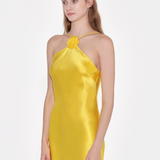 Lemon Yellow Silk Halter Neck Dress