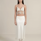 Pearl Series Silk Long Skirt with Lace Trim
