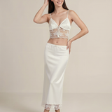 Pearl Series Silk Long Skirt with Lace Trim