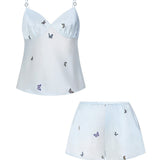 Butterfly Print Blue Spaghetti Strap Silk Pyjama Set