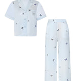 Butterfly Print Short Sleeve Silk Pyjama Set