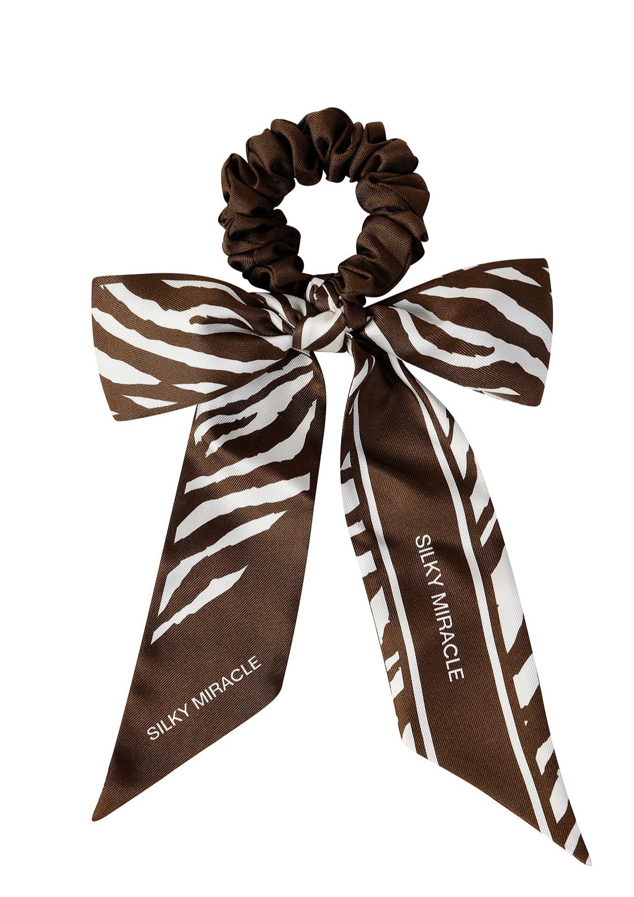 Zebra Print Brown Bow Silk Scrunchie