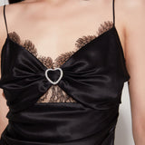 Black Crystal Heart Silk Slip Mini Dress